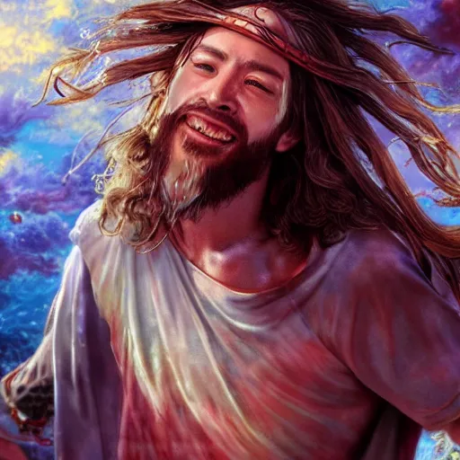 Image similar to UHD photorealistic of a Jesus skateboarding , extremely detailed, 8k, cinematic lighting, in the style of Amano and Ayami Kojima, with vivid colors and rich composition