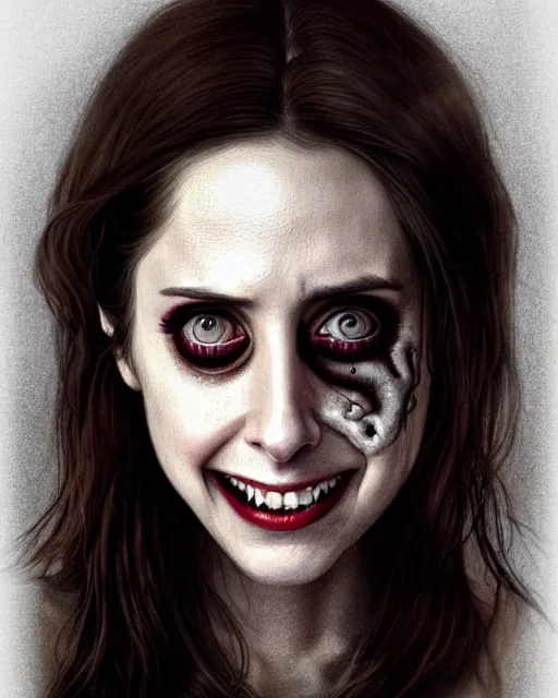 Prompt: gorgeous female Alison Brie, horror movie slasher, slasher movie, realistic character concept, violent pose, creepy smile, shorter neck, illustration, symmetrical face and body, realistic eyes, cinematic lighting, hyperdetailed, detailed realistic symmetrical eyes, face by artgerm, symmetrical nose, Tom Bagshaw, single face, insanely detailed and intricate, beautiful, elegant, dark living room background