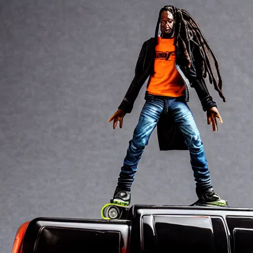 Image similar to travis scott action figure with dreads standing on top of a black rc pickup truck, close up studio photograph, white background