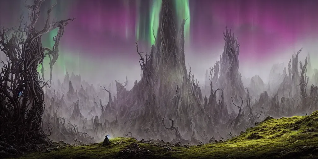 Image similar to evil eldritch lovecraftian scenery landscape, lord of the rings, aurora borealis, mist, monoliths, tentacles, fungal growths, moss highly detailed, bleak color, perfect lighting, perfect composition, 8 k, brian froud, artgerm, derek zabrocki, greg rutkowski