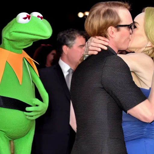 Image similar to Kermit the Frog in a suit and tie kissing Nicole Kidman in a dress on the red carpet movie still photo journalism 4k