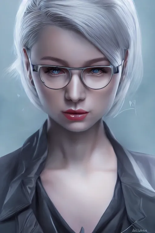 Image similar to a portrait of a scientist android girl with silver hair by artgerm and wlop