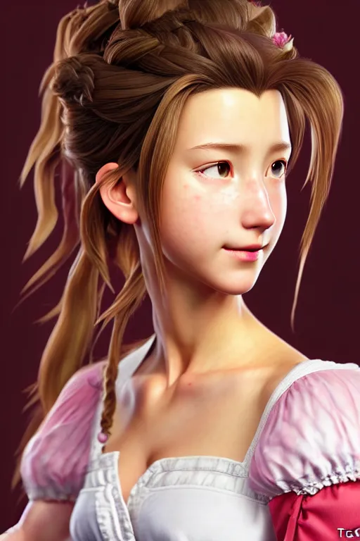 Image similar to subject : detailed full body portrait illustration of aerith gainsborough perfect face, medium : oil on canvas, style : realistic pose study portrait, maximalist, accurate, full color chiaroscuro artist : tetsuya nomura, 4 k, focus : full body and head