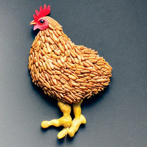 Prompt: a photorealistic chicken made out of peanuts