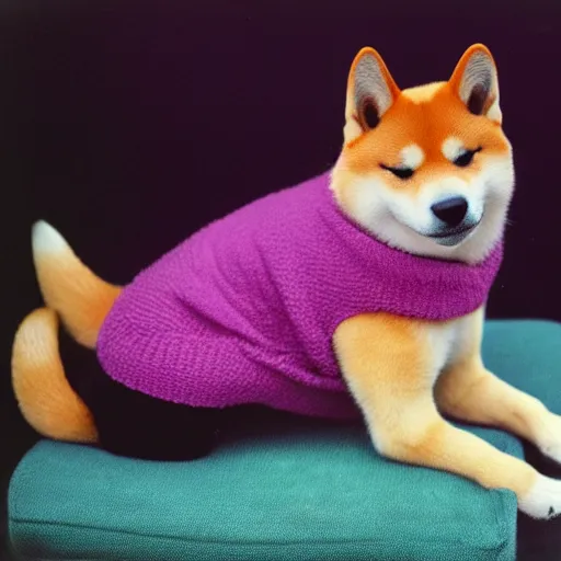 Prompt: portrait of a shiba inu wearing a bright 8 0 s sweater sitting on a couch