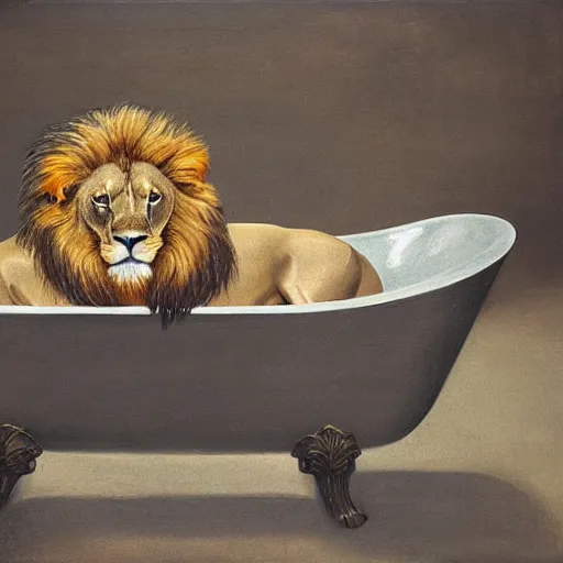 Prompt: lion in a bathtub