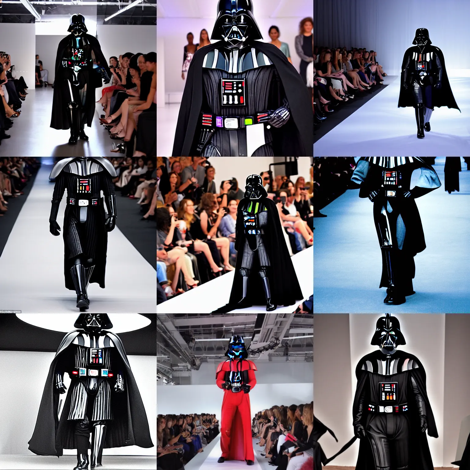 Prompt: Darth Vader at a fashion show, on a catwalk, showing off to the camera, fashion photography, camera flashes