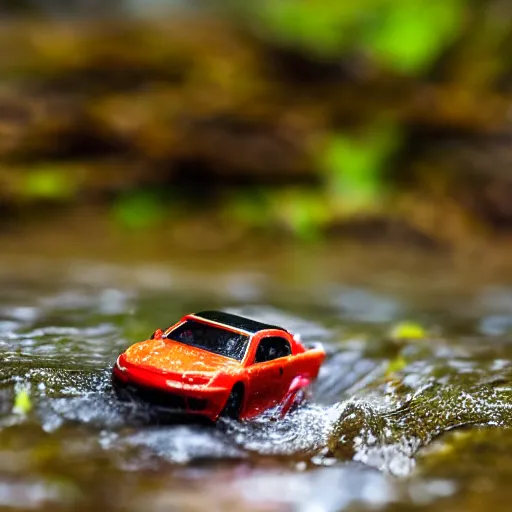 Image similar to macro photography of a toy hot wheels car driving through a creek in the rain, 3 5 mm