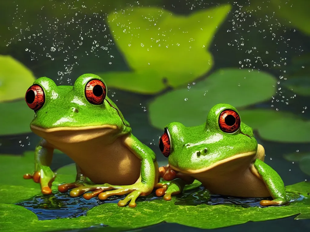 Prompt: frog cute character in water with water lily fireflies around, cute big eyes with details in body, vegetation, water, flying shot, portrait, full shot, symmetrical, frontal, rim light, pixar, octane render, digital art