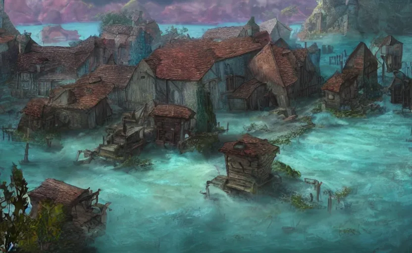 Prompt: medieval village submerged underwater, concept art, unreal engine, fantastic colors