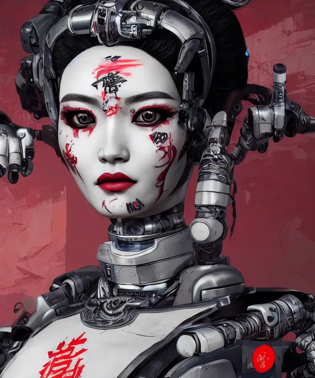 Image similar to an epic fantastic realism comic book style portrait painting of a japanese robotic geisha with kanji tattoos and decals, apex legends, octane render, intricate detail, 4 k hd, unreal engine 5, ex machina, irobot