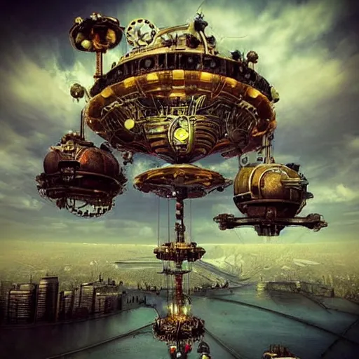 Image similar to flying city in a mechanical flower flower flower flower, sky, steampunk!!!, fantasy art, steampunk, masterpiece, octane