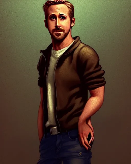 Image similar to full body character concept art of ryan gosling | | distinct - fine, key visual, realistic shaded perfect face, fine details by stanley artgerm lau, wlop, rossdraws, james jean, andrei riabovitchev, marc simonetti, sakimichan, and jakub rebelka, trending on artstation