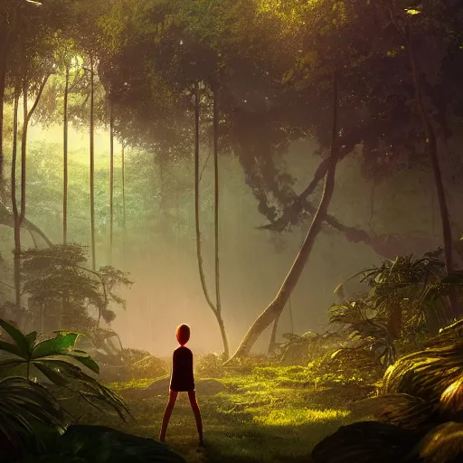 Image similar to alone person facing the desperate call of the void, organized suburb in jungle forest, unreal 5 render, vivid colors, high detail, clear weather, studio ghibli, history painting, digital art, octane render, beautiful composition, trending on artstation, award - winning photograph, masterpiece