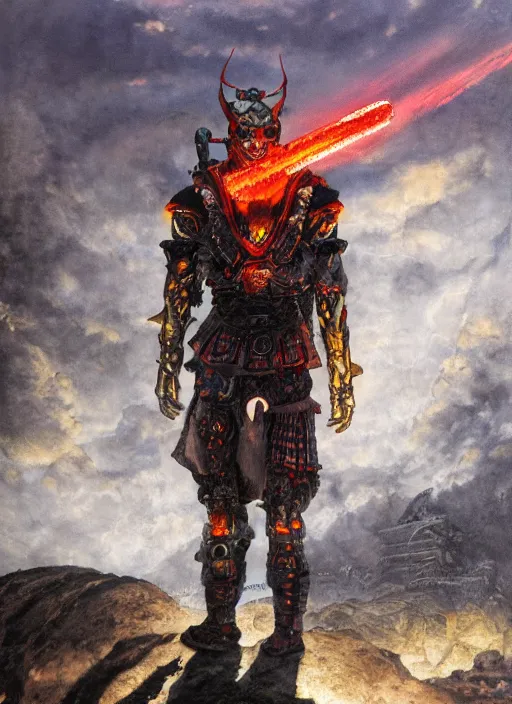 Prompt: portrait of a diabolical cyborg clown samurai armed with flamethrougher, torn cape, dynamic pose, glowing eyes, ancient ruins, glowing veins subsurface scattering, in clouds, sunset, portrait, by gerald brom, by mikhail vrubel, by peter elson, muted colors, extreme detail, reflections, trending on artstation, 8 k