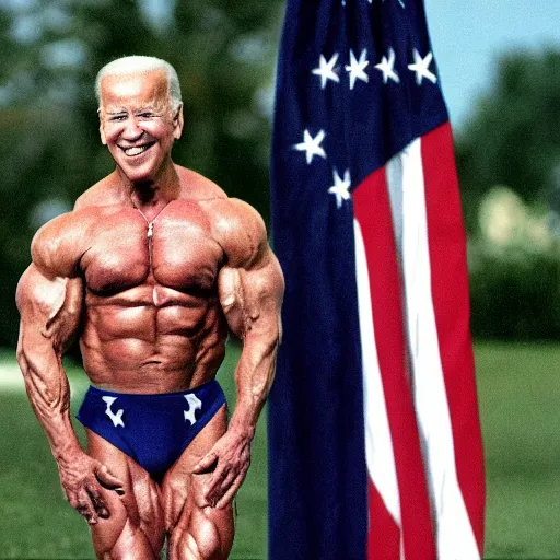 Prompt: color photo of joe biden as a body builder showing off his huge muscles, ap news photo, white house lawn, press conference, 8 k, 1 5 0 mp,