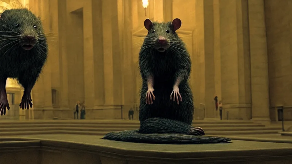 Image similar to the giant rat in city hall, made of wax and water, film still from the movie directed by Denis Villeneuve with art direction by Zdzisław Beksiński, wide lens