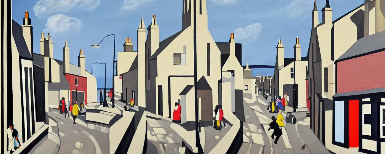 Image similar to a painting of street life in kirkwall orkney, by Bridget Riley