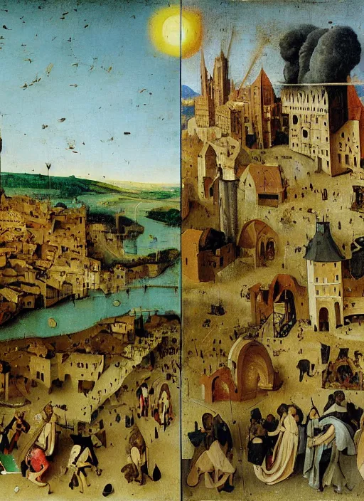 Image similar to Florence on fire, wildfire, Medieval painting by Jan van Eyck, Hieronymus Bosch