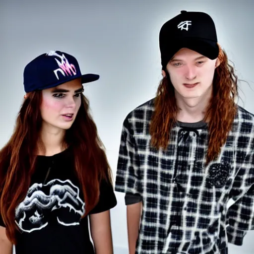 Image similar to 19-year-old girl with shaggy hair standing next to 19-year-old boy with baseball cap, stoner rock and nü metal coexisting, 2022 photograph