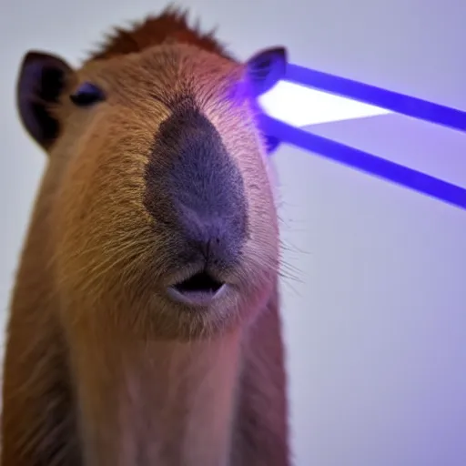 Image similar to A Realistic capybara posing with a glowing Jedi light saber in a well lit white room, 4k Photograph