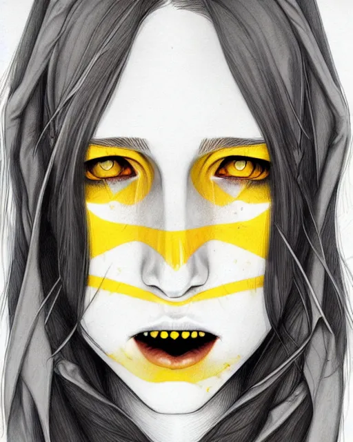 Prompt: in the style of Joshua Middleton and artgerm, beautiful evil vampire Taissa Farmiga sharp bloody vampire fangs open mouth, yellow eyes, symmetrical eyes, realistic face, symmetrical face, long black hair, full body, moody lighting