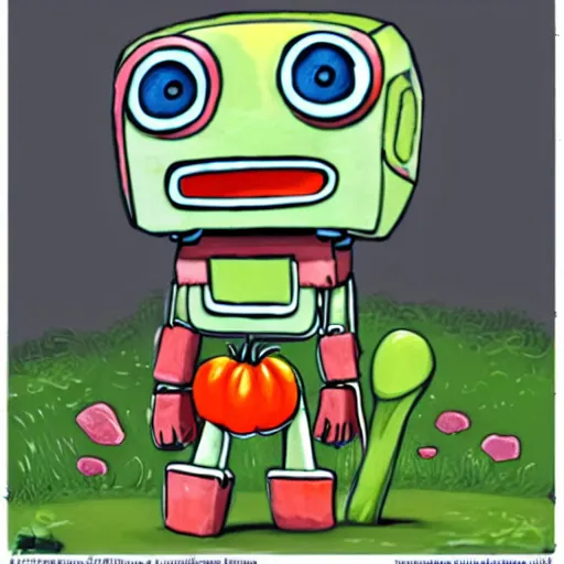 Image similar to cute little robot made of vegetables, tomato head and a carrot sword, made in abyss style standing on a forest