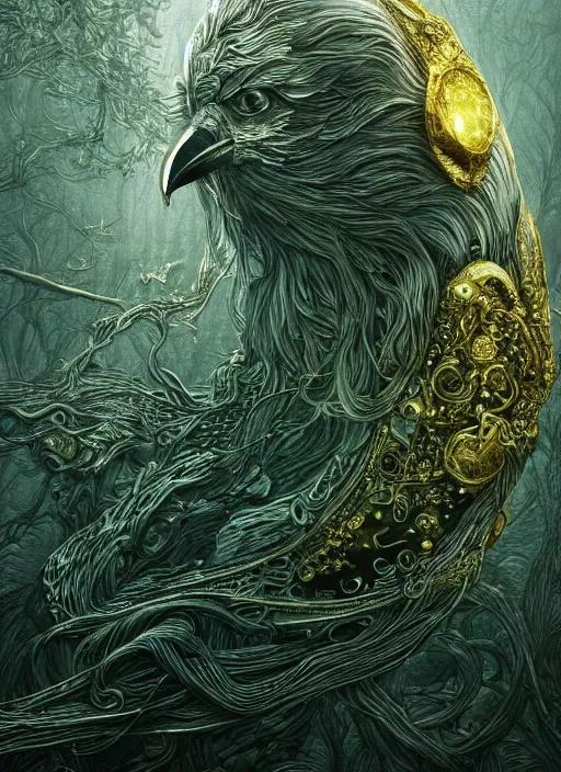 Image similar to glowing silver and golden elements, full close-up portrait, pen and ink crow, book cover, green forest, white moon, establishing shot, extremly high detail, photo-realistic, cinematic lighting, pen and ink, intricate line drawings, by Yoshitaka Amano, Ruan Jia, Kentaro Miura, Artgerm, post processed, concept art, artstation, matte painting, style by eddie mendoza, raphael lacoste, alex ross