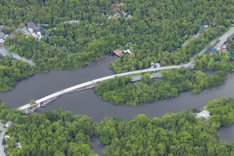 Image similar to bird's eye view of a small city with woods, trailer park, a road, bridge, and lagoon with docking area.