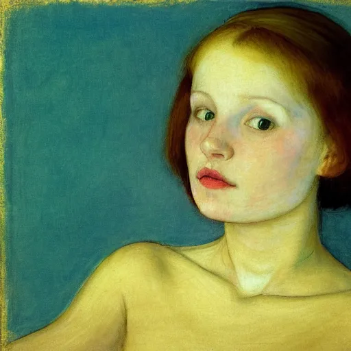 Image similar to close up of an ivory girl in a blue and gold haunted liminal abandoned room, film still by edward hopper, by Pontormo, by klimt, pre-raphaelite. art noveau, art noveau, highly detailed, strong lights, liminal, eerie, Bright pastel colors