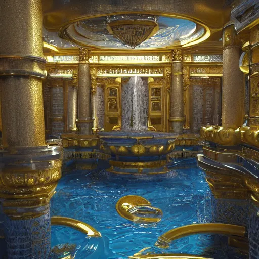 Image similar to interior of a golden palace in a water realm with water flowing through the walls everywhere, ultra detailed, hyperrealistic, 8k hd artwork, featured on artstation, cinema 4d, octane render, cinematic, cinematic lighting,