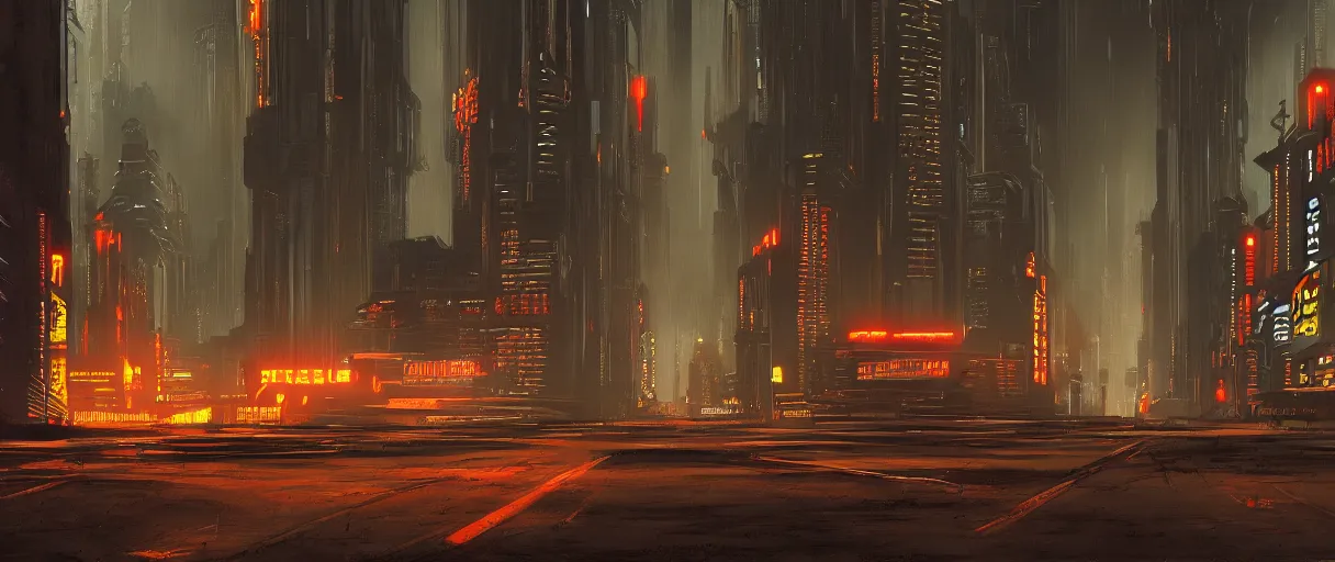 Image similar to landscape of a brutalist neon lit blade runner city in the style of Rob Lefield and Ralph McQuarrie, trending on artstation, digital art, first person perspective, establishing shot