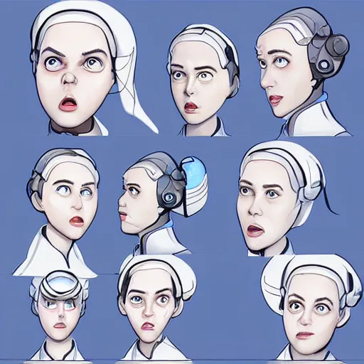 Image similar to a character expression sheet for a quirky female space engineer character in the style of an animated feature film concept art, detailed, beautiful digital painting, expressive, well drawn, expert, characterful, unique, emotive, emotional