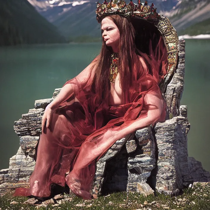 Prompt: a color photograph, closeup portrait of a woman sitting on a plastic throne, in glacier national park in montana, color photograph, by vincent desiderio, canon eos c 3 0 0, ƒ 1. 8, 3 5 mm, 8 k, medium - format print