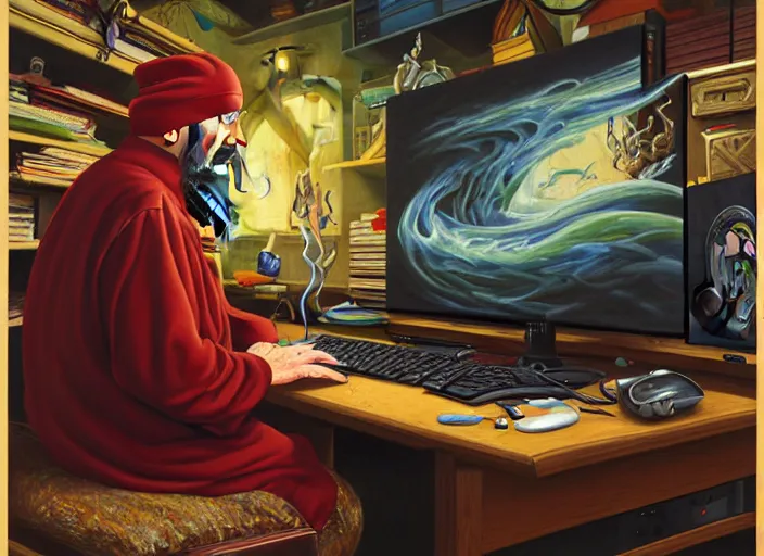 Prompt: classic oil painting, side view of a fantasy wizard using a pc, gaming, retro 6 0 s computer, sitting inside a cluttered storage room, wearing a nightcap, cottagecore, long wavy beard, keyboard, extremely detailed, digital illustration, concept art, readability, smooth, sharp focus, art by alex grey, art by brothers hildebrandt