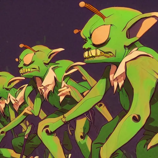 Image similar to a pack of green goblins doing the dance of pain, a fantasy art, hd, trending on artstation, by rhands, makoto shinkai, ilya kuvshinov