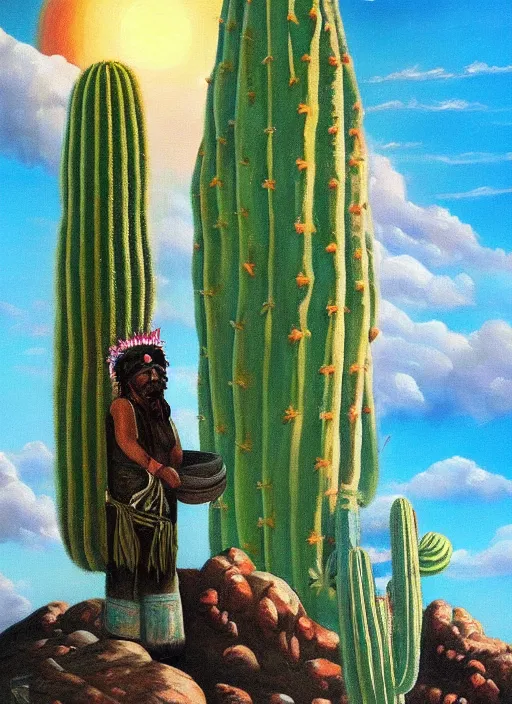 Image similar to a beautiful painting of the san pedro cactus with the face of an old indigenous man in the sky representing its spirit, fantasy art, matte painting