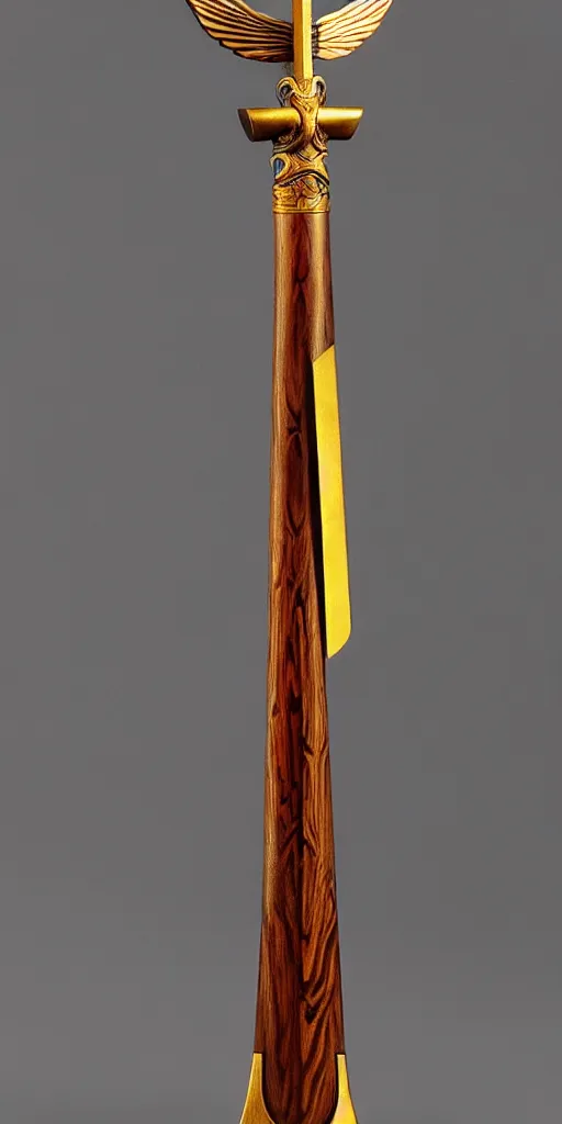 Image similar to a sword in the style of zdzisław beksinski, elegant, gold and oak inlay, wing motif, holy, wooden handle, golden blad