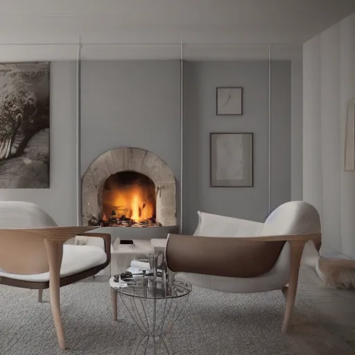 Prompt: two armchairs sitting in front of a cosy fireplace, modern home design interior, octane render, hyperrealistic, concrete archetecture, vray, volumetric lighting, cinema 4 d, unreal engine