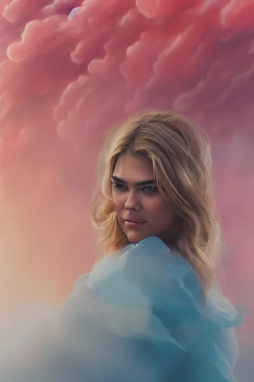 Image similar to an insanely detailed close up portrait of a beautiful blonde haired woman who looks like kate upton, blue dress, holding nikon camera, large fountain in background bokeh, in the style of peter mohrbacher, artgerm, dramatic lighting and composition, pink fog background, octane render, trending on artstation, concept art 8 k