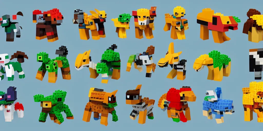 Prompt: small creatures made of a single brick, four legged, quadrupedal, cute looking, kawaii, sharp focus, character sheet, game concept art, blocky, lego mixels, japanese, katamari damacy inspired, pokemon inspired, blocky like minecraft