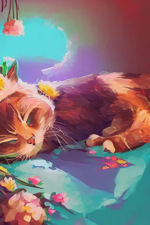 Image similar to a digital art of a cat sleeping in the room with flowers around in the afternoon, the sun shines in, animal, light effect, highly detailed, by anton fadeev