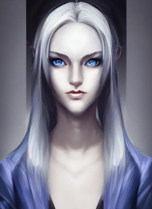 Image similar to portrait of a mysterious girl white silver hair and blue eyes wearing formal clothes, symmetrical face, perfect face details, digital painting, trending on artstation, deviantart, artgem, perfect composition, ross draws, wlop