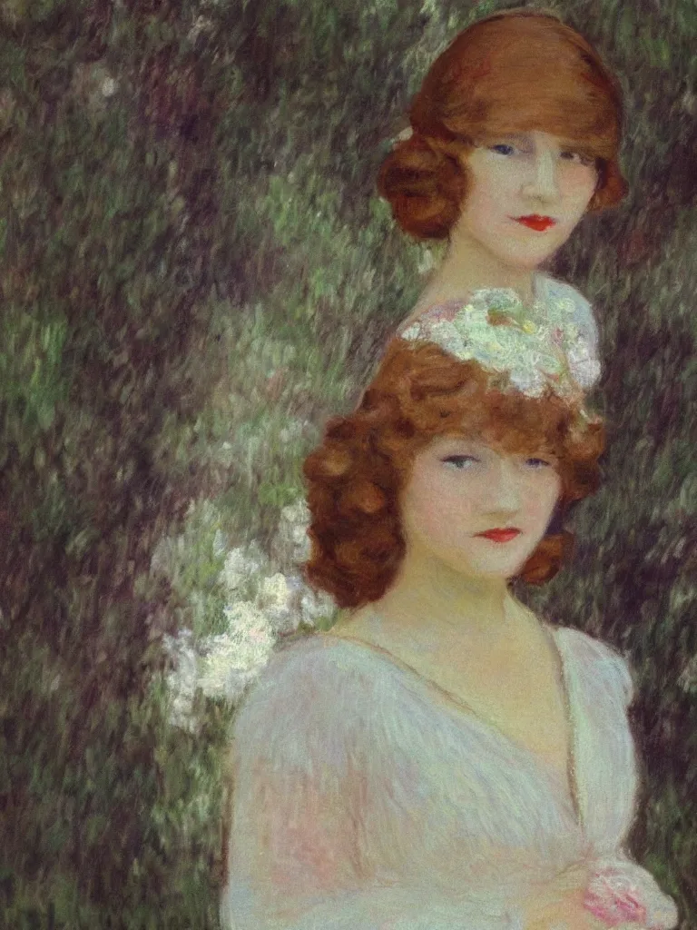 Image similar to portrait of < zelda fitzgerald > as a beautiful young lady wearing 1 9 2 0 s fashion, blurry face, brown hair, slim, fair, severe out of focus, depth of field, pleinairism, in the sun, backlit, closeup, oil on canvas, atr by monet, in the style of le promenade, smooth, impressionnisme, 8 k