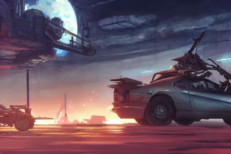 Prompt: 2 0 0 1 space odyssy diesepunk toyota mr 2 mad max speeding through a fuel depot by greg rutkowski makoto shinkai takashi takeuchi studio ghibli, akihiko yoshida