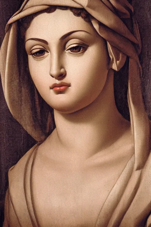 Image similar to Madonna, face closeup, dressed in roman clothes, ultra detailed, art by Guido Reni style
