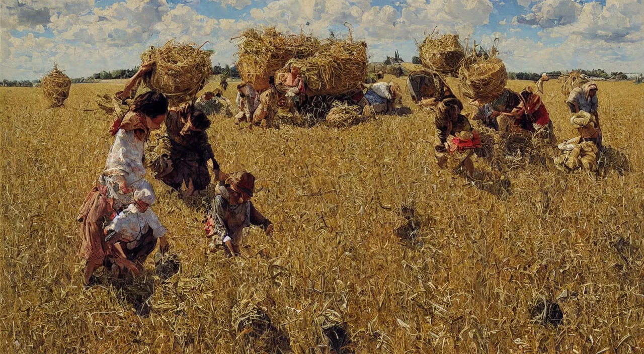 Prompt: the harvest, painting by denis sarazhin