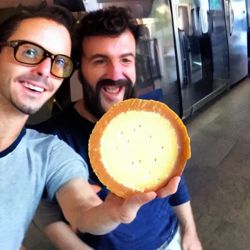 Prompt: wheel of cheese photobombing a selfie