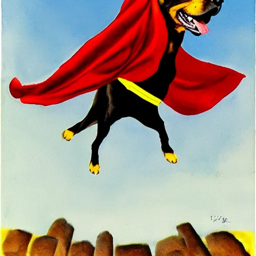 Image similar to Flying Rottweiler wearing a red cape, caricature