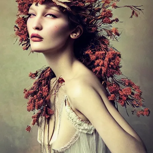 Prompt: fine art photo of bella hadid, she has a crown of dried flowers, by oleg oprisco